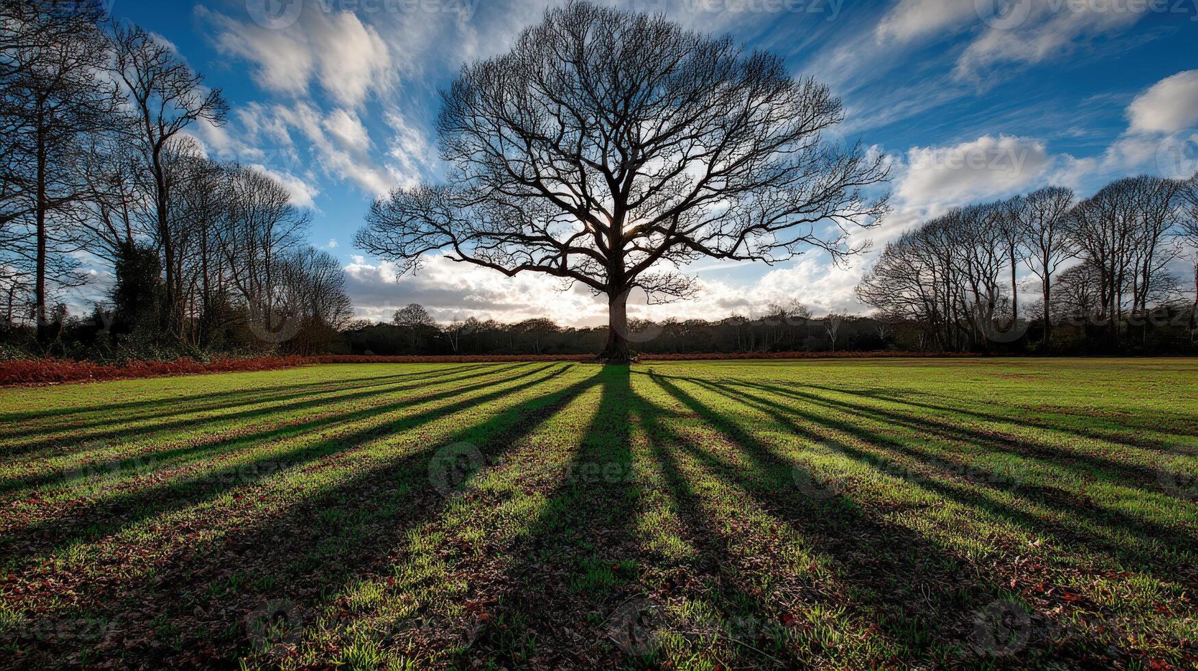 Majestic tree casting shadows on grassy field at dusk photo