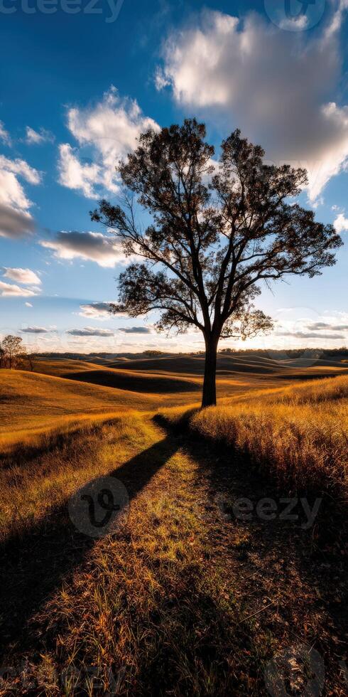 Golden sunset illuminates lone tree in serene landscape photo