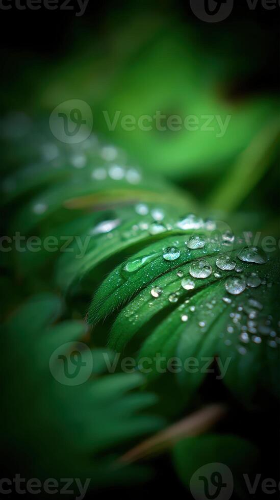 Dewdrops resting on lush green fern leaves photo