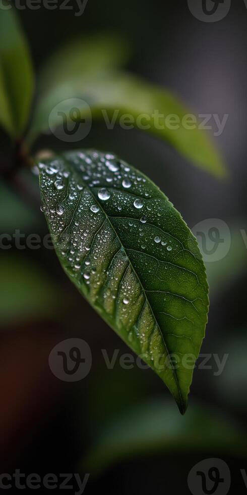 Dew-covered green leaf glistens in soft light photo