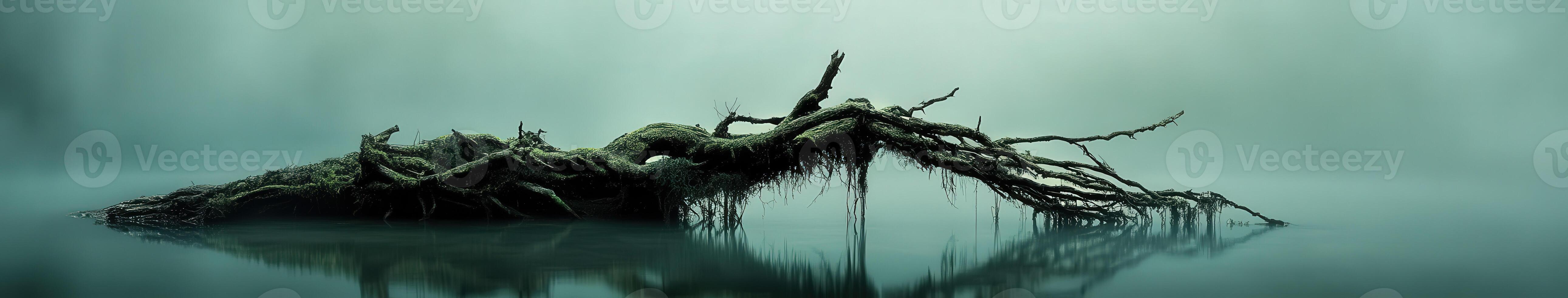 A tree stump in the water with a foggy background photo