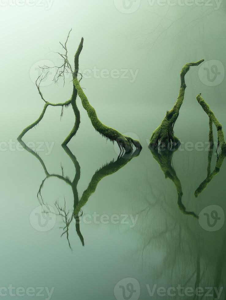 Two dead trees in the fog on a lake photo