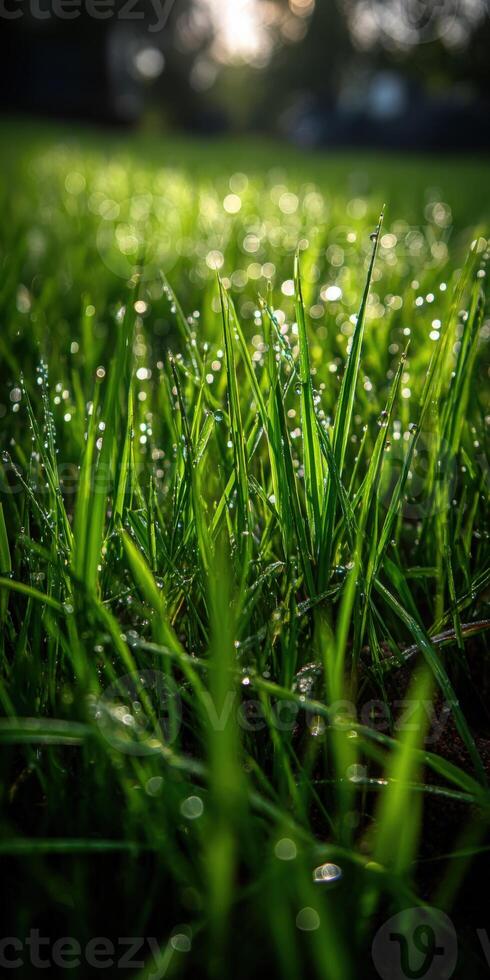 Dewy grass glistens in morning light photo