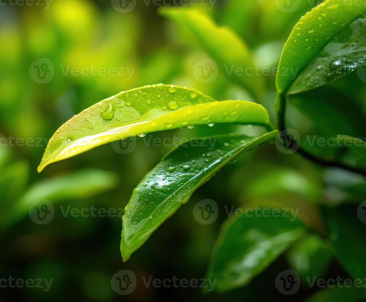Fresh green leaves glistening with rain droplets photo
