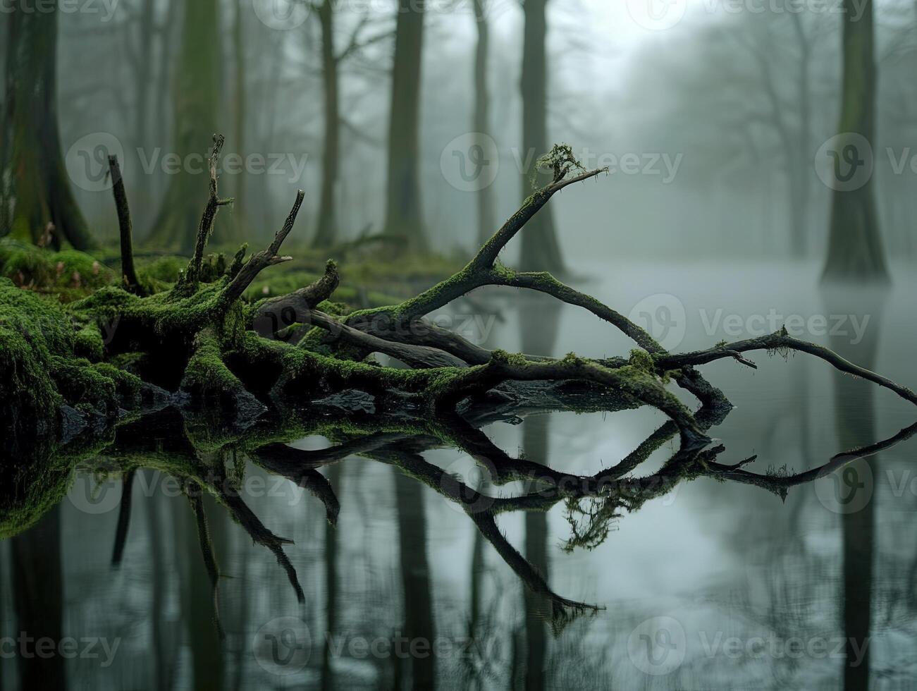 A tree branch is reflected in the water photo