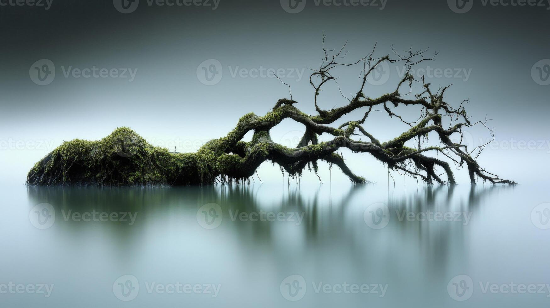 A tree is standing in the water with fog photo
