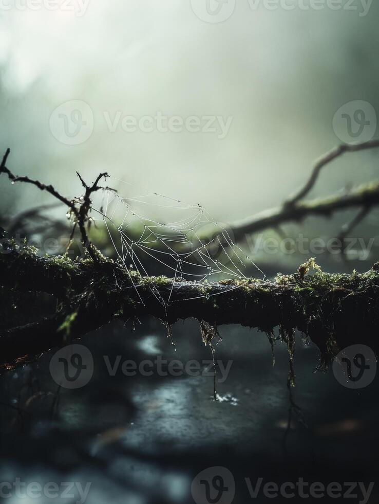 Web glistens in the misty forest at dawn photo