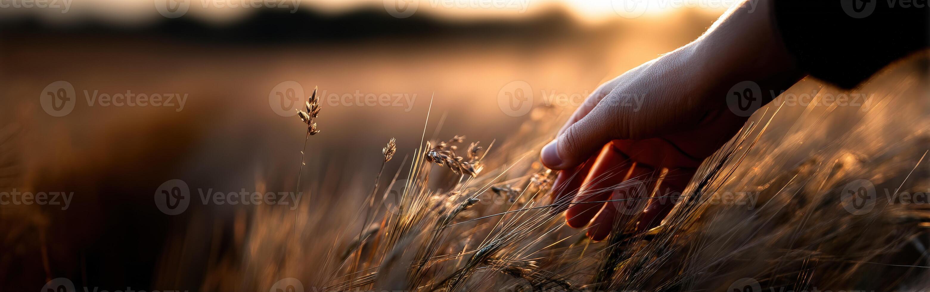 Hand exploring golden grass at sunset in the field photo