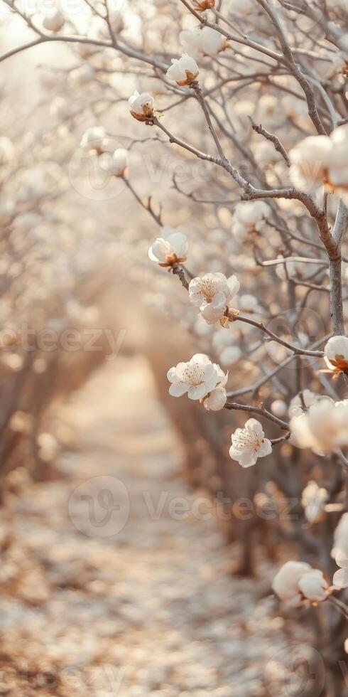 Blossoming trees through a serene pathway in spring photo
