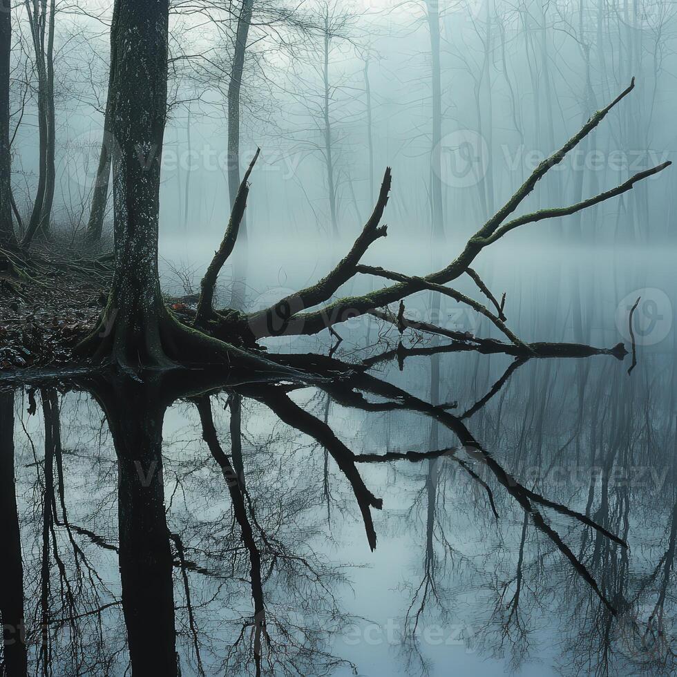 A tree with a dead branch in the water photo