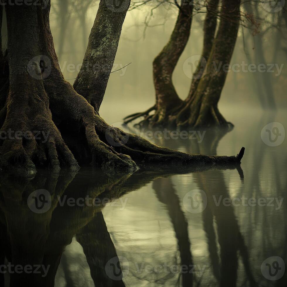 A group of trees in the water with their roots showing photo