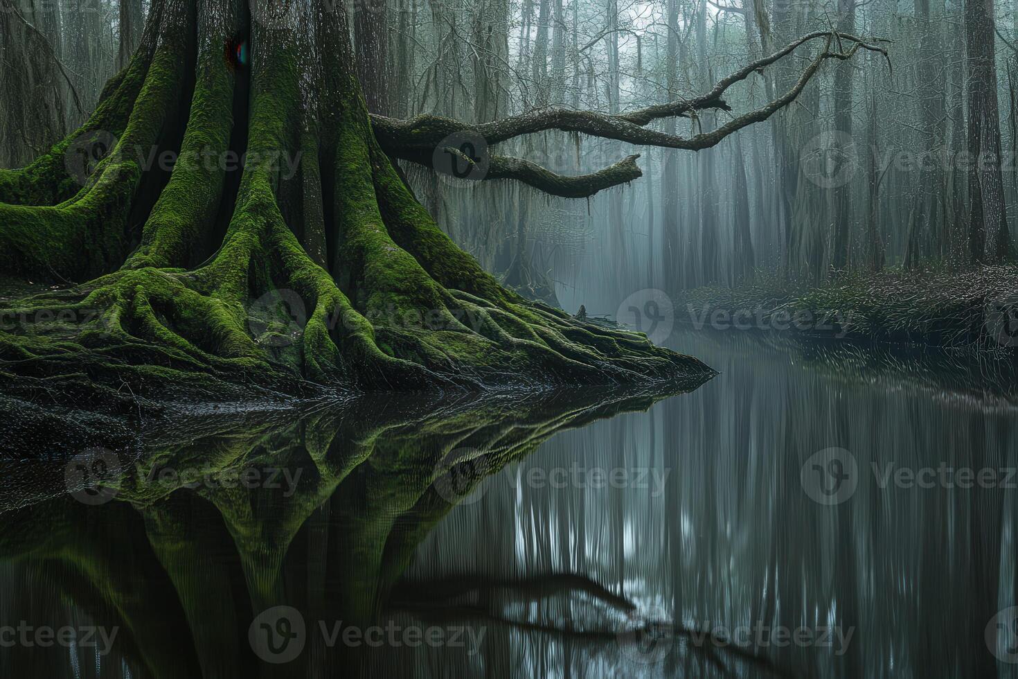 A tree with moss growing on it in the middle of a river photo
