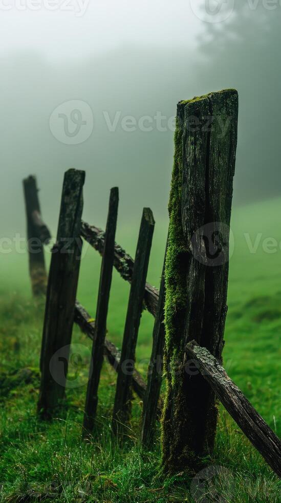 Foggy fence in the green meadow photo