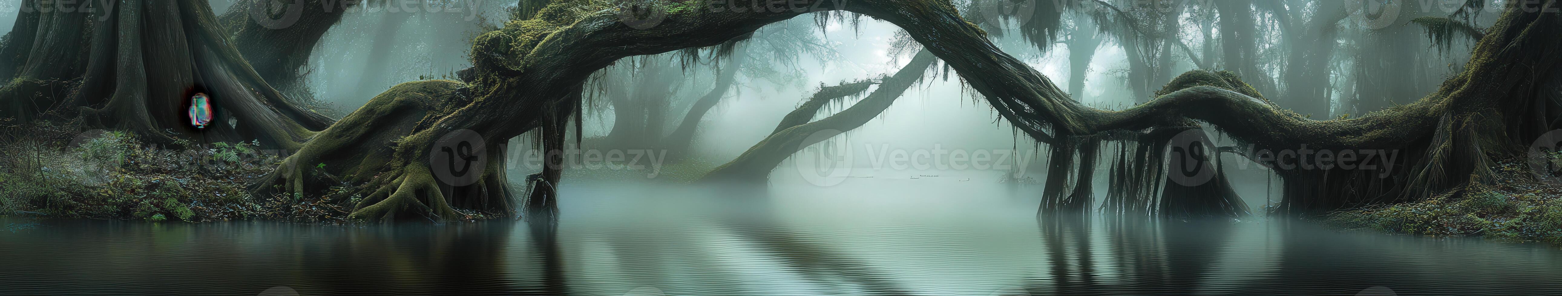 A large body of water surrounded by trees photo