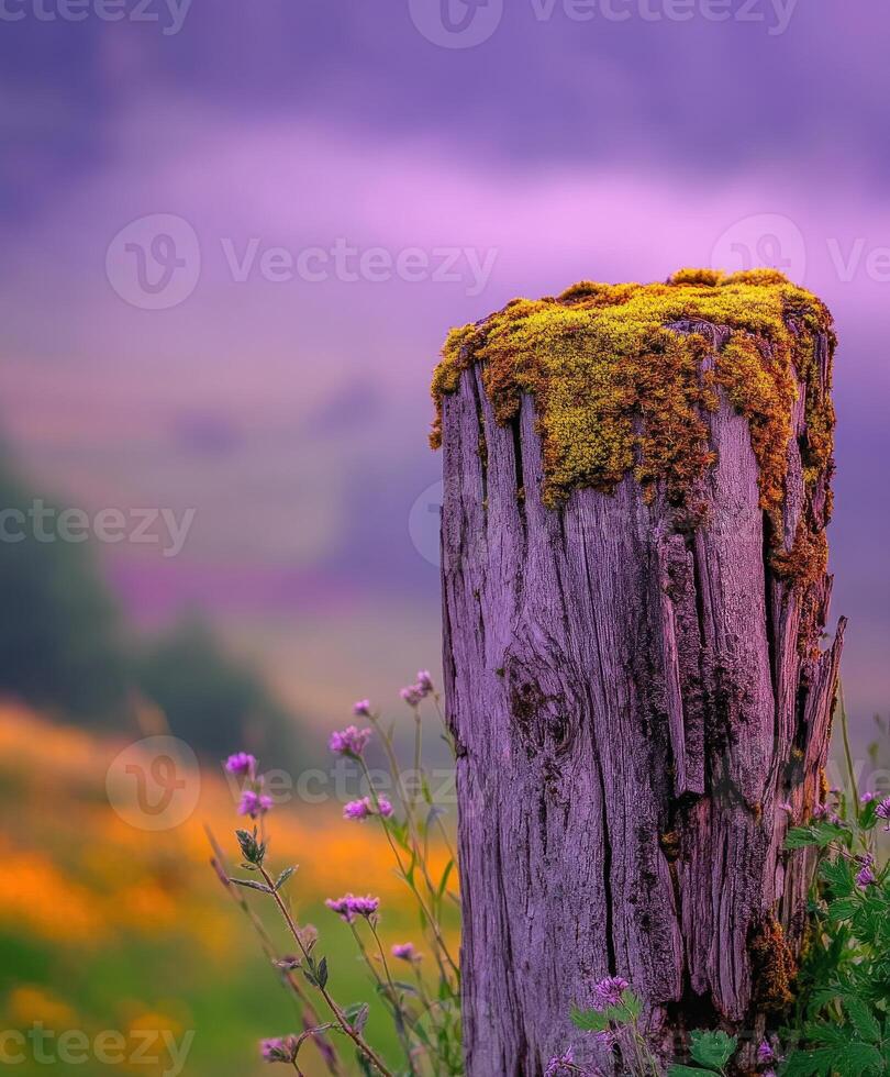 A wooden post with moss growing on it in a field photo