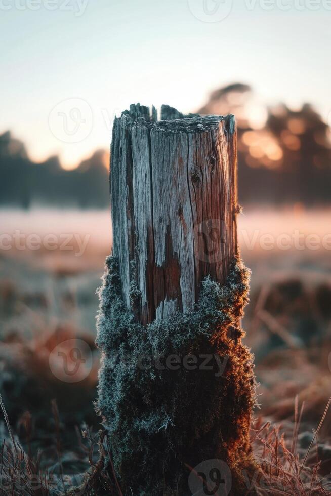 A post in the middle of a field with fog photo