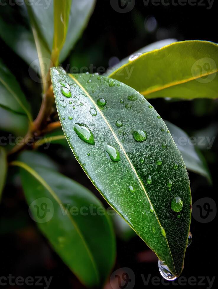 Close-up of raindrops on green leaves in nature photo