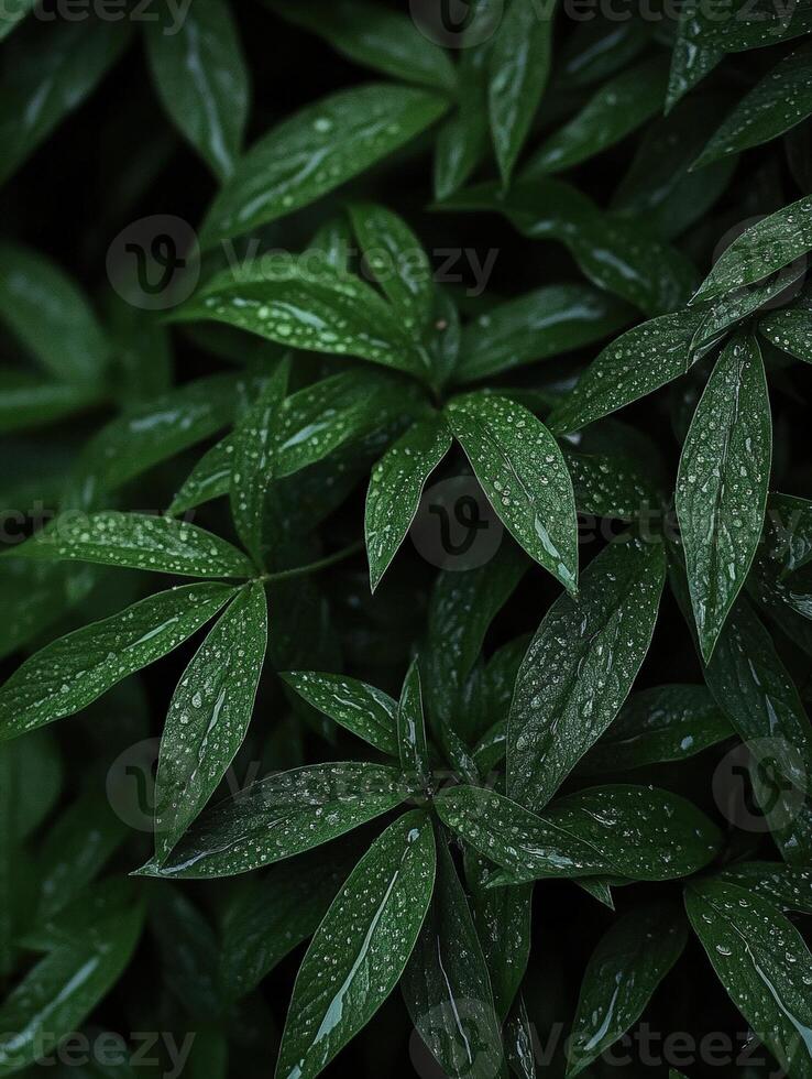 Lush green leaves covered in fresh rain droplets photo