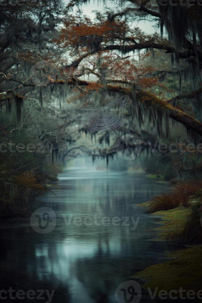 Misty river winding through a tranquil forest photo
