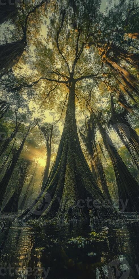 Majestic tree rises in serene swamp at sunset photo