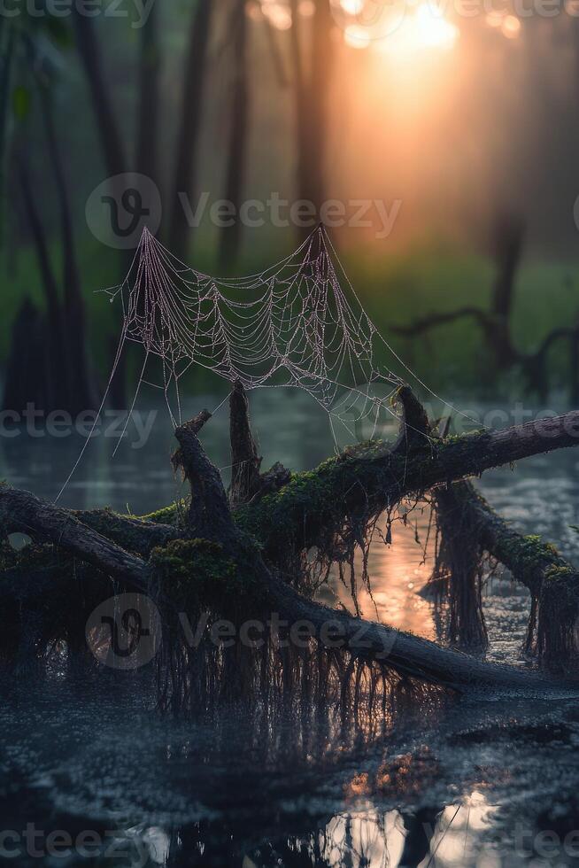 Mist-covered spider web glistens at dawn photo