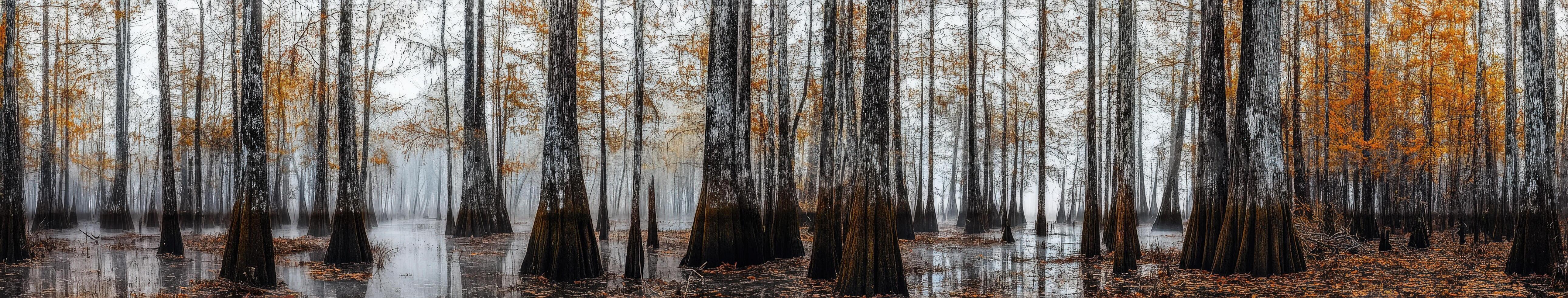 Cypress trees in misty swamp during autumn photo