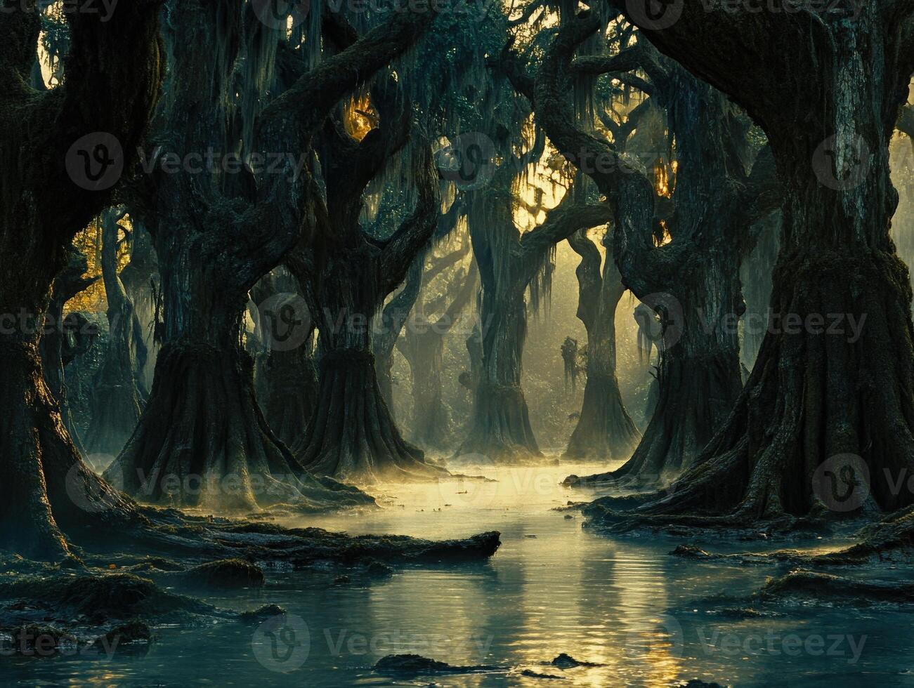 Enchanted swamp with ancient cypress trees at dusk photo