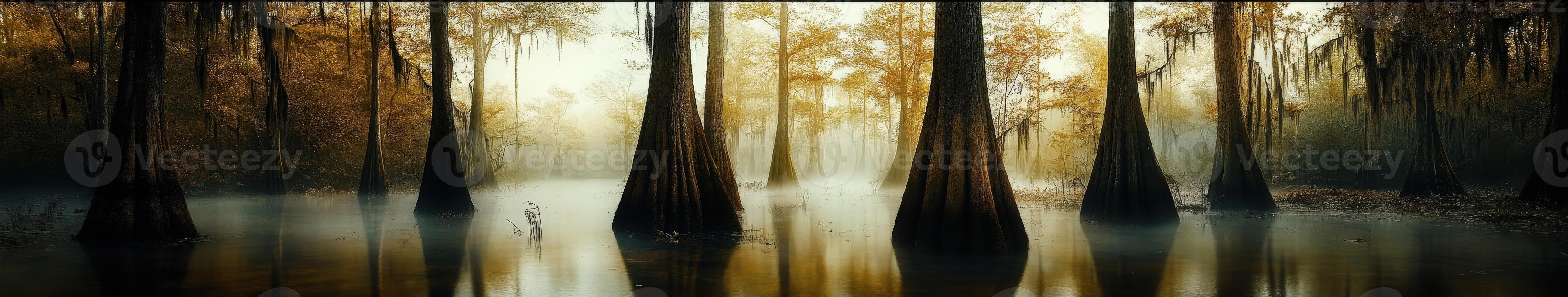 Mystical cypress trees reflect in still water at dawn photo