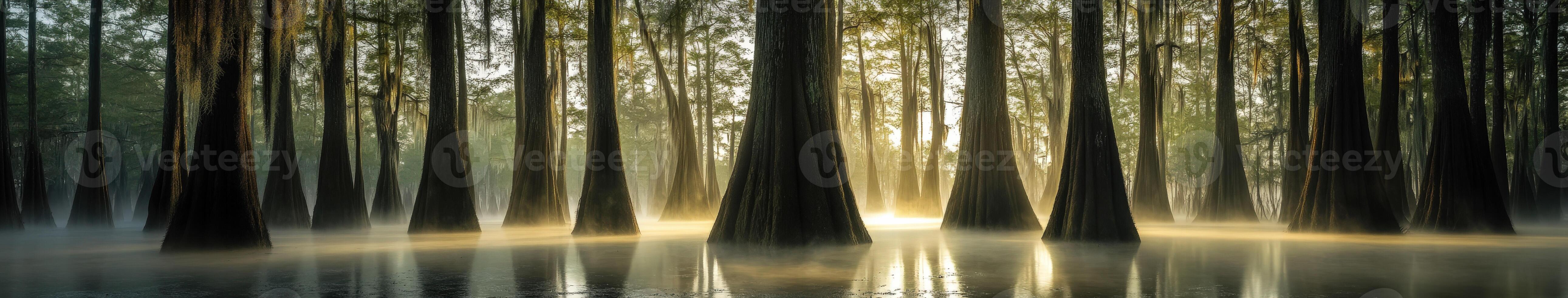Misty morning light filtering through cypress trees photo