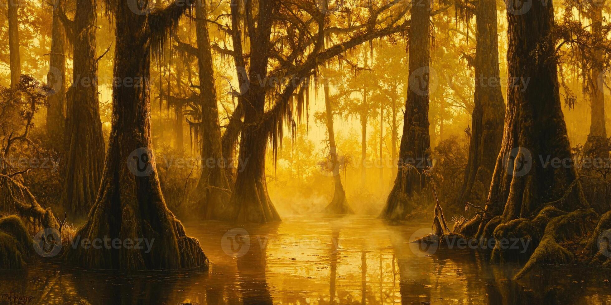 Golden light filters through a tranquil swamp landscape photo