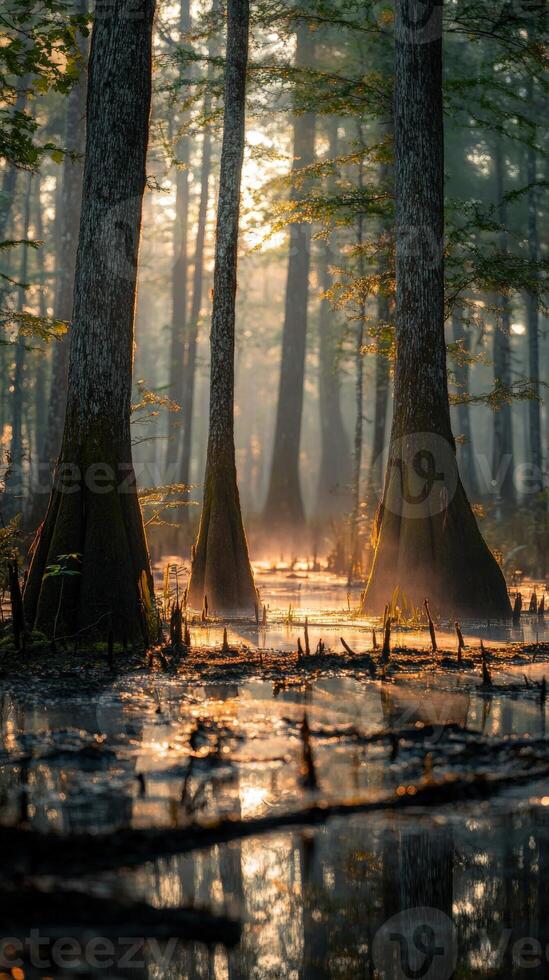 Morning light filters through a tranquil forest setting photo