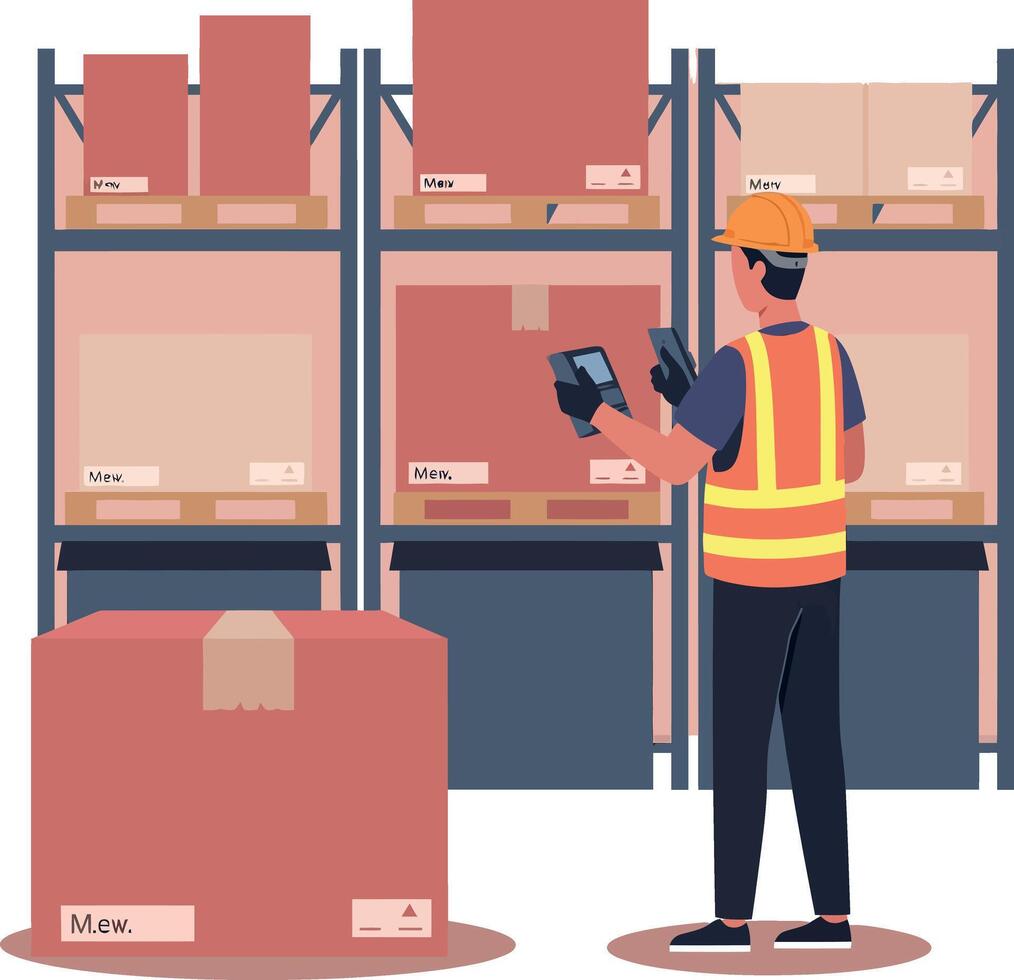 Warehouse worker scanning inventory boxes in storage shelves illustration vector