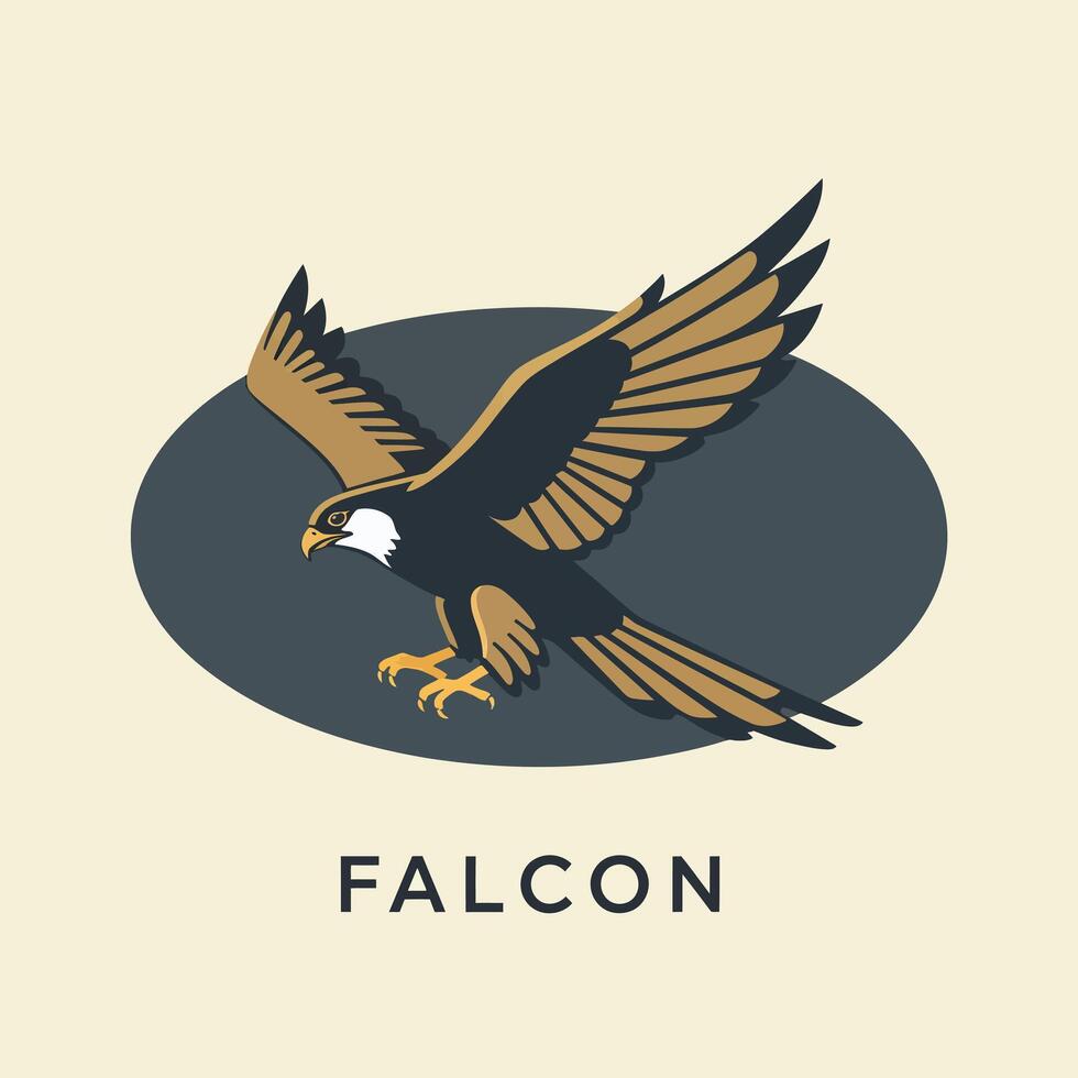 Falcon flying with wings spread over dark oval background logo design vector
