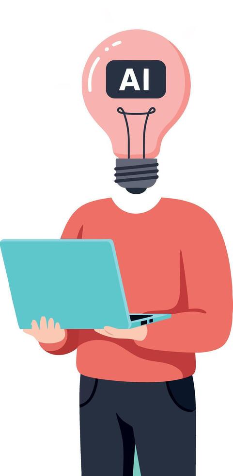 Artificial intelligence concept with person holding laptop and lightbulb head illustration vector