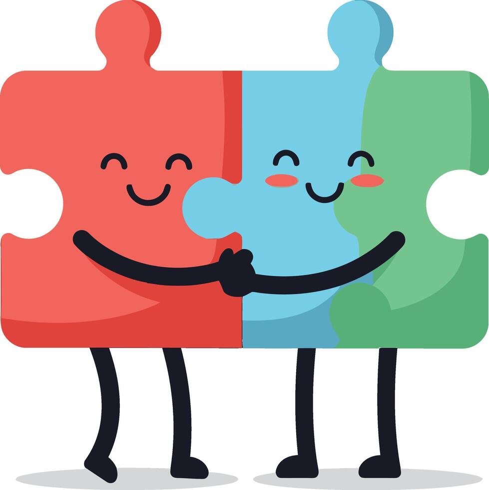 Smiling hugging puzzle pieces red blue and green friendship connection illustration vector