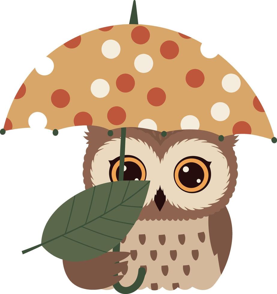 Cute owl holding polka dot umbrella and green leaf in illustration design vector