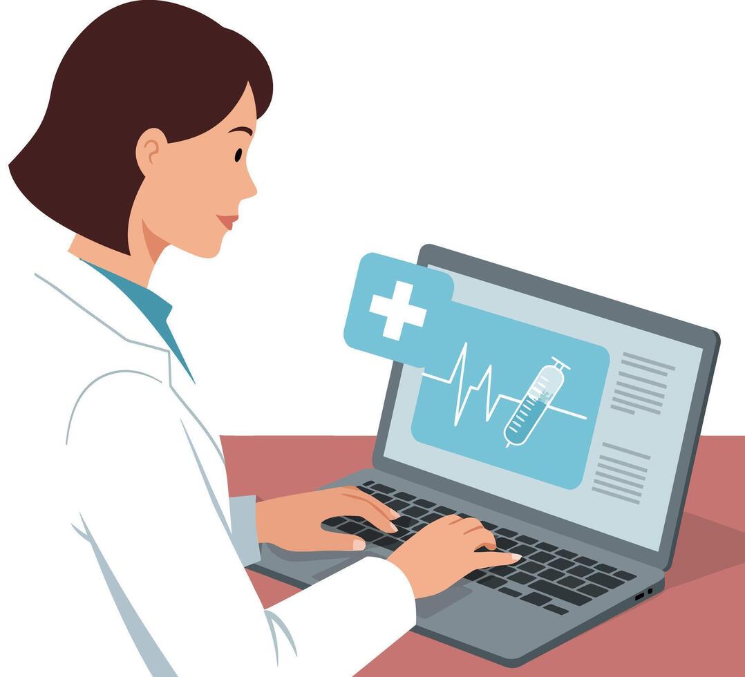 Female doctor using laptop displaying medical data and syringe illustration vector