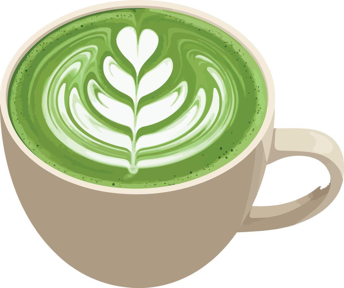 Matcha Green Tea Latte with Latte Art in Beige Cup Illustration vector