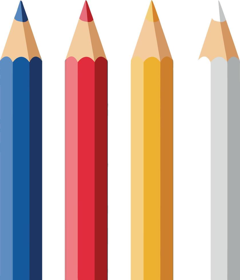 Colored pencils in blue red yellow and white with broken tip illustration vector