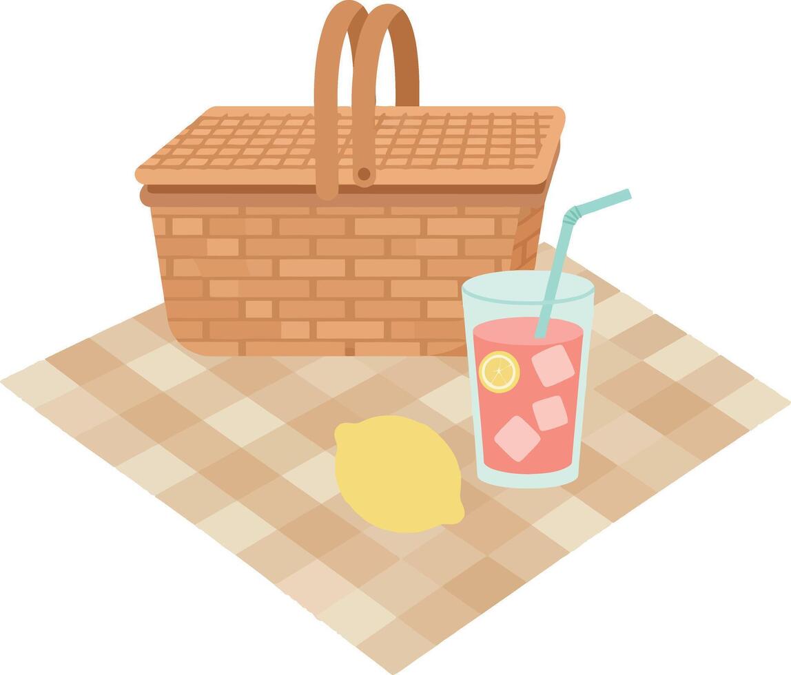 Picnic basket with glass of lemonade and lemon on checkered cloth illustration vector