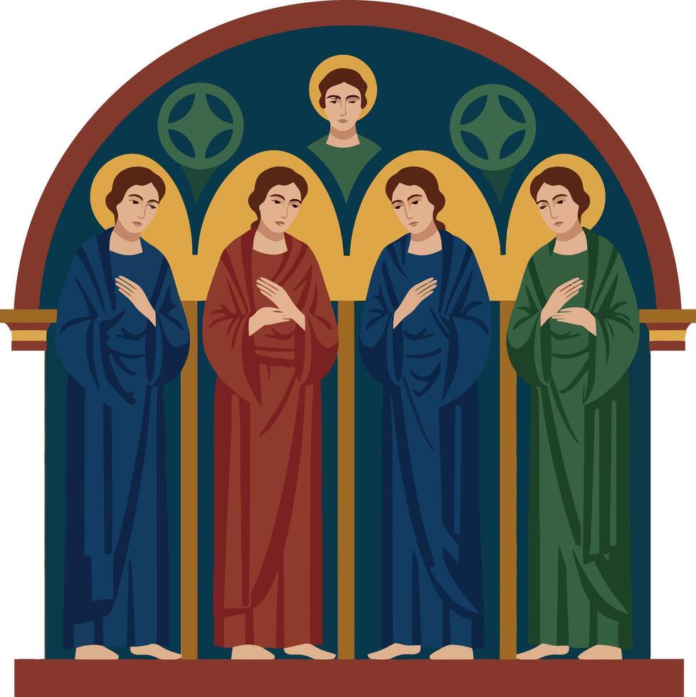 Religious icon of four saints with halo in medieval style illustration vector