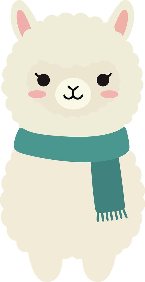 Cute fluffy alpaca wearing teal scarf illustration in simple style vector