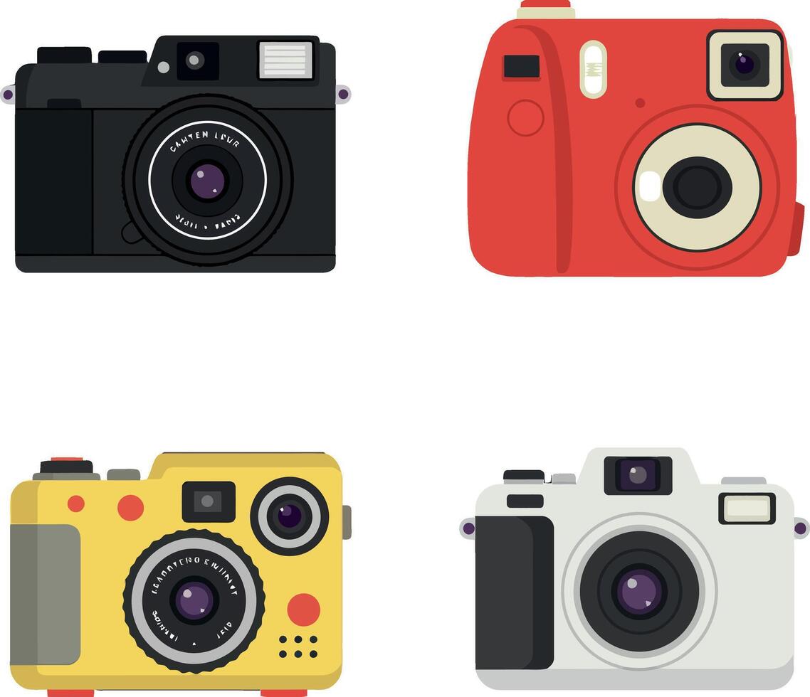 Vintage and Modern Cameras Collection Illustration with Black Red Yellow and White Devices vector