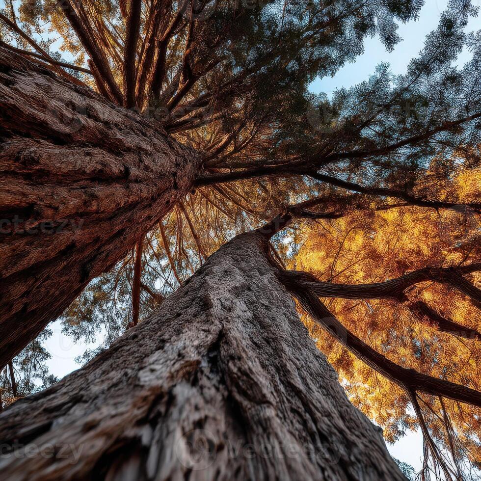 View from below majestic trees in autumn forest photo