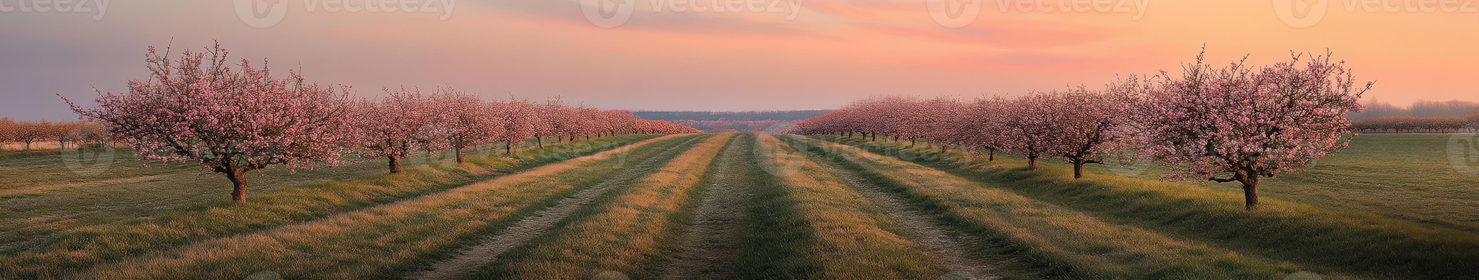 Blooming orchard at sunset in serene countryside photo
