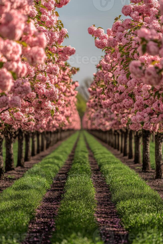 Cherry blossom trees lined along a green path photo