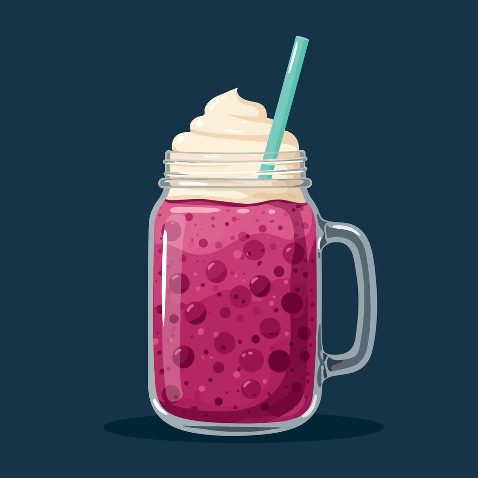 Purple berry smoothie in glass mason jar with cream topping and straw illustration vector