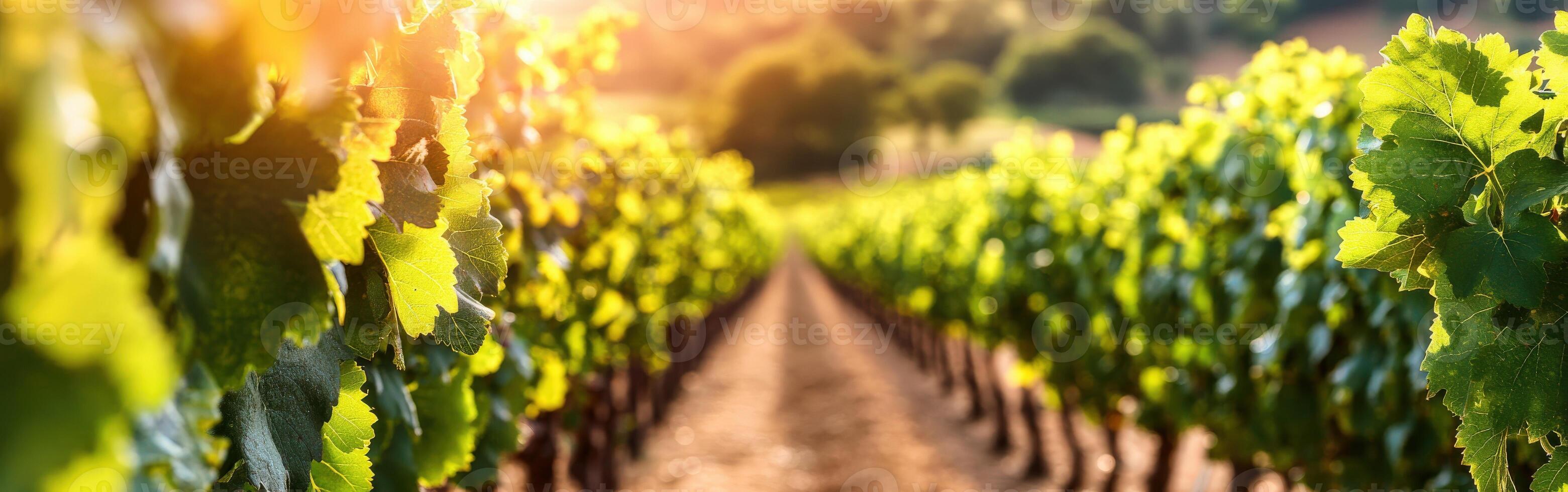 Lush vineyard rows under warm evening sunlight photo