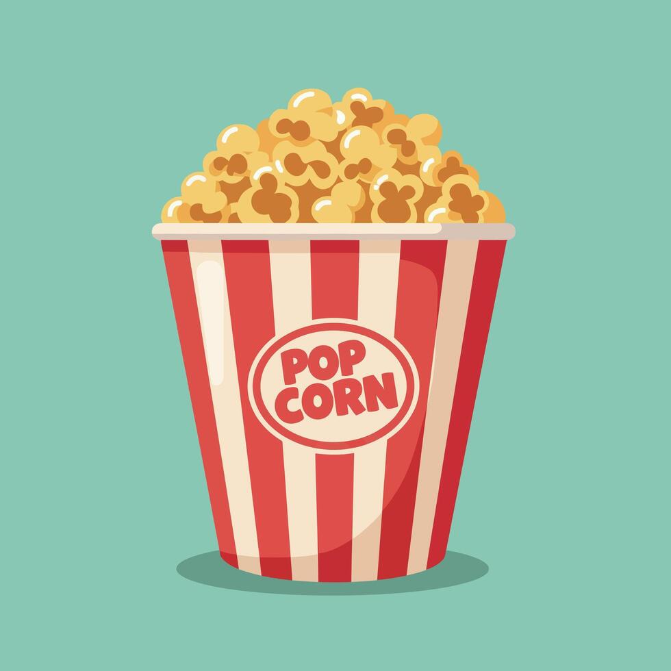 Popcorn in Red and White Striped Container Illustration on Mint Background vector