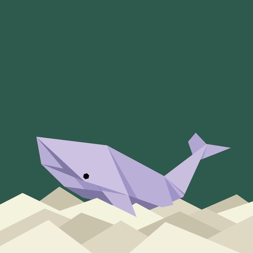 Origami whale craft art on geometric sand dunes with green background illustration vector